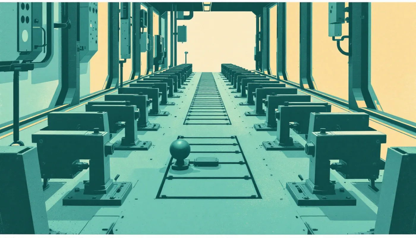 A signal box interior with rows of mechanical levers, each connected to a different track, one lever pulled forward, in flat editorial shapes.