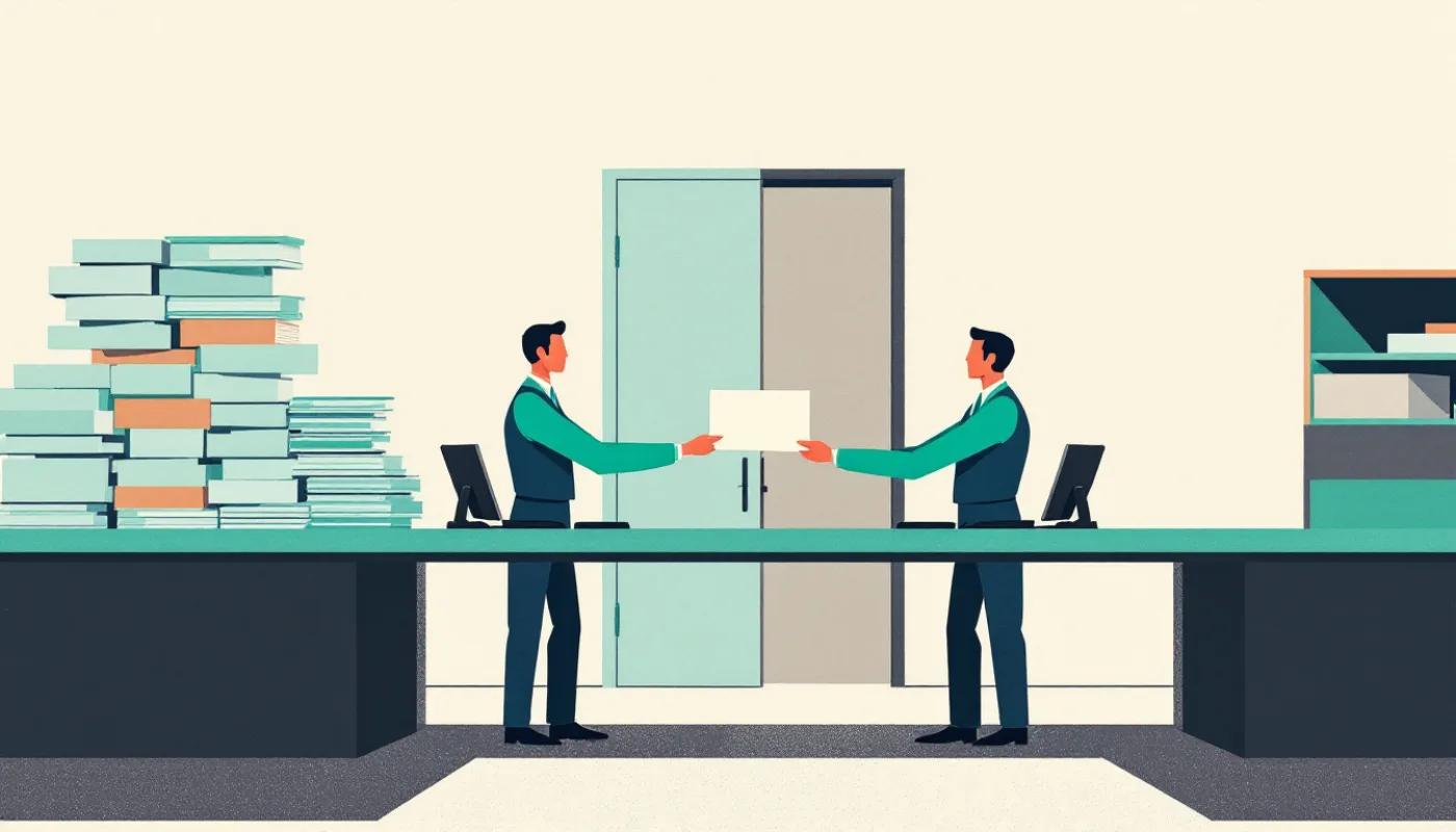 Two identical clerks at a long office counter pass a single sheet of paper between them, a tower of files stacked at one end and an untouched tray waiting by the door behind them, in flat editorial shapes.