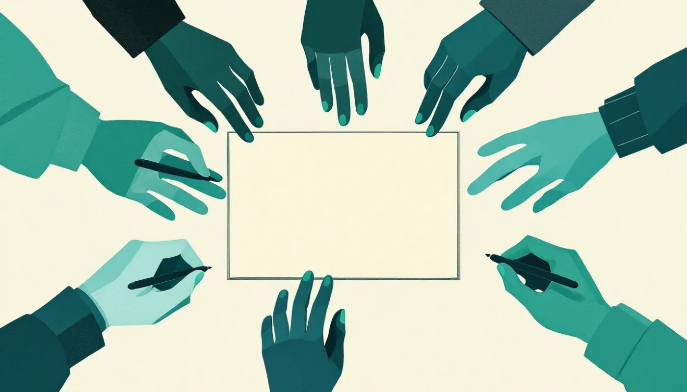 Many hands reaching in from every side toward one small sheet of paper in the center of a desk, several of them holding pens, in flat editorial shapes.