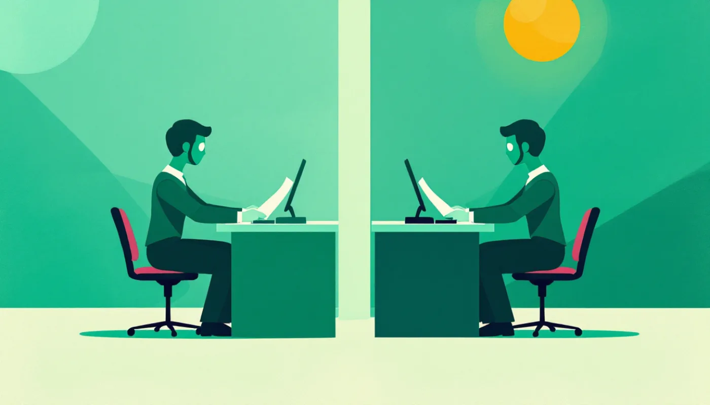 Two identical clerks at two separate desks in two separate rooms stamp an identical sheet of paper at the same moment, a thin wall between them and no eye contact, in flat editorial shapes.